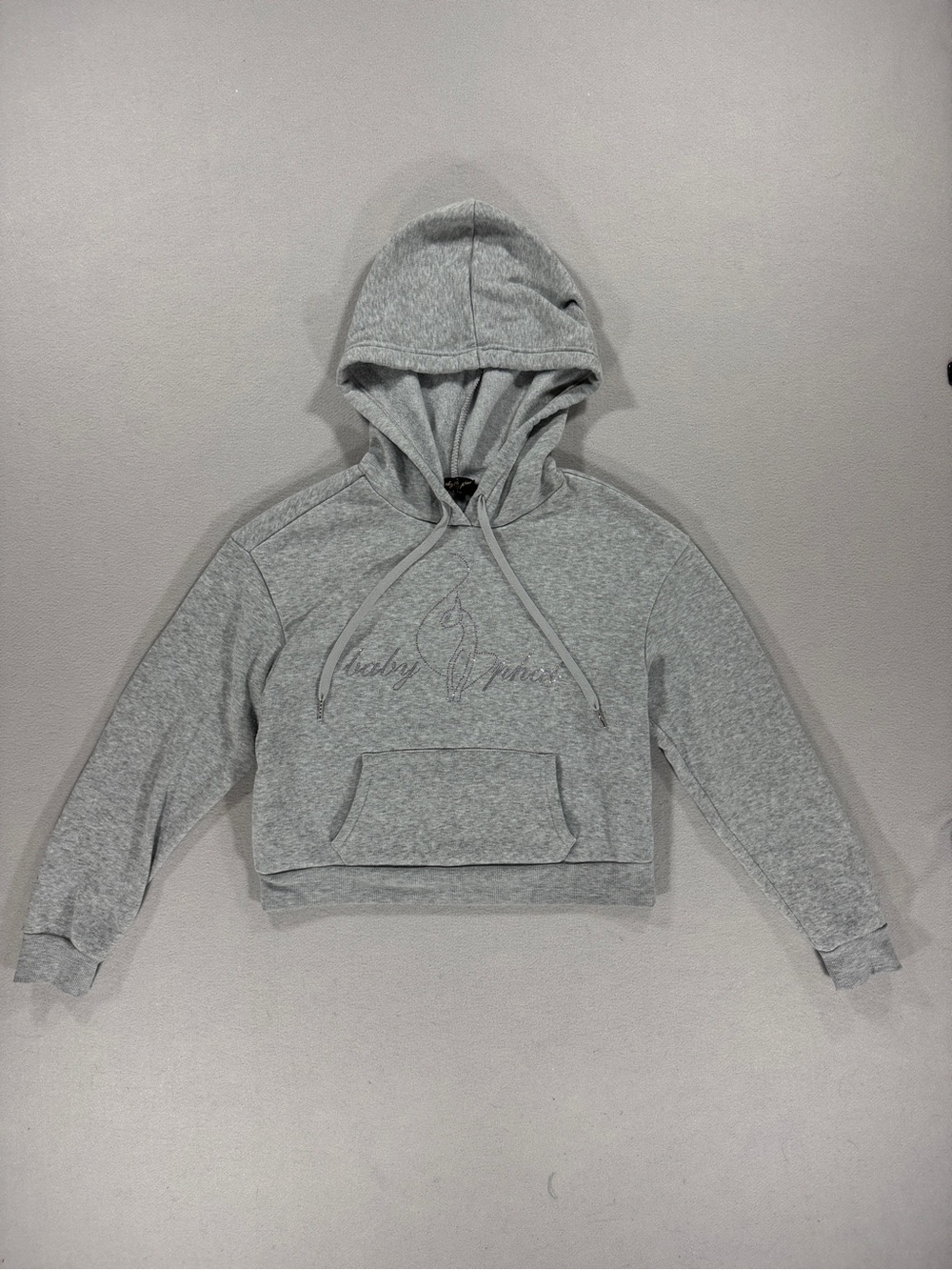 Y2K Vintage Baby Phat Cropped Pullover Hoodie Rhinestone Logo Womens Medium Gray